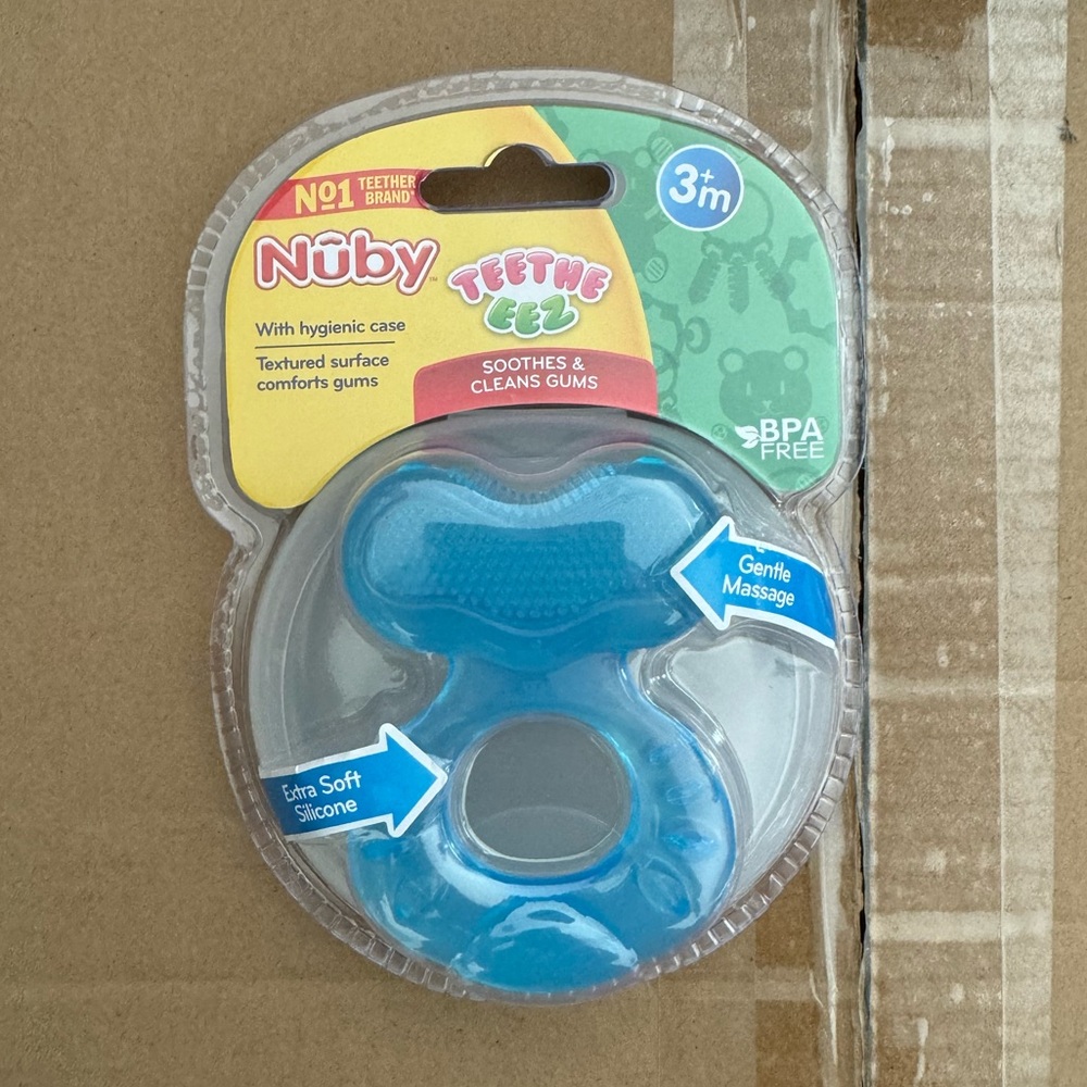 3 Nuby Silicone Teethe-EEZ Teether with Bristles, Includes Hygienic Case, Blue